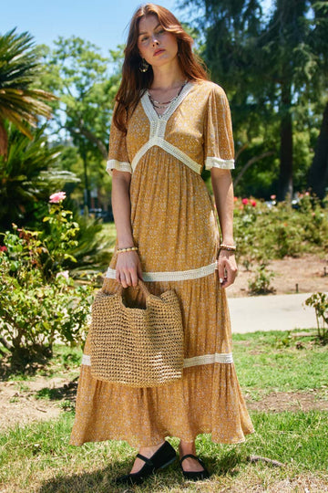 HY9798 Mustard Womens Crochet Lace Trimmed Textured Floral Dress Editorial